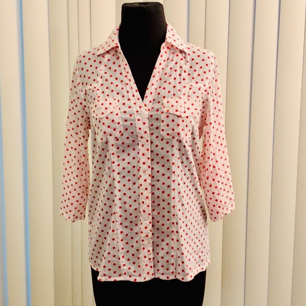 Eden & Olivia polka dot button down shirt.
